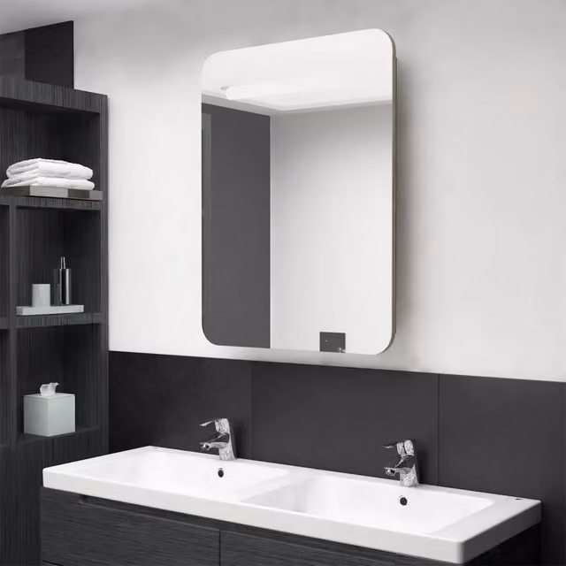 Armadietto da bagno moderno MERCATOXL con specchio e illuminazione LED in rovere marrone, L: 60 cm, P: 11 cm, H: 80 cm – 1
