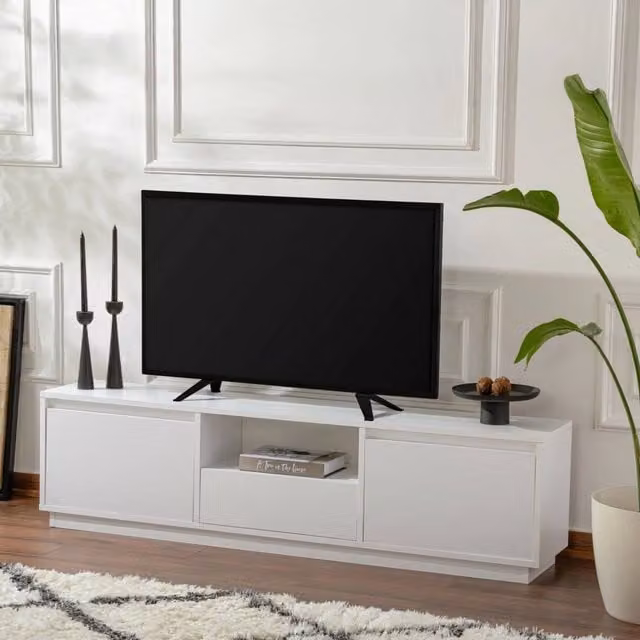 Mobile porta TV Morrigan DMORA, Credenza moderna per soggiorno in MDF bianco, L 160 x P 30 x H 42 cm – 1