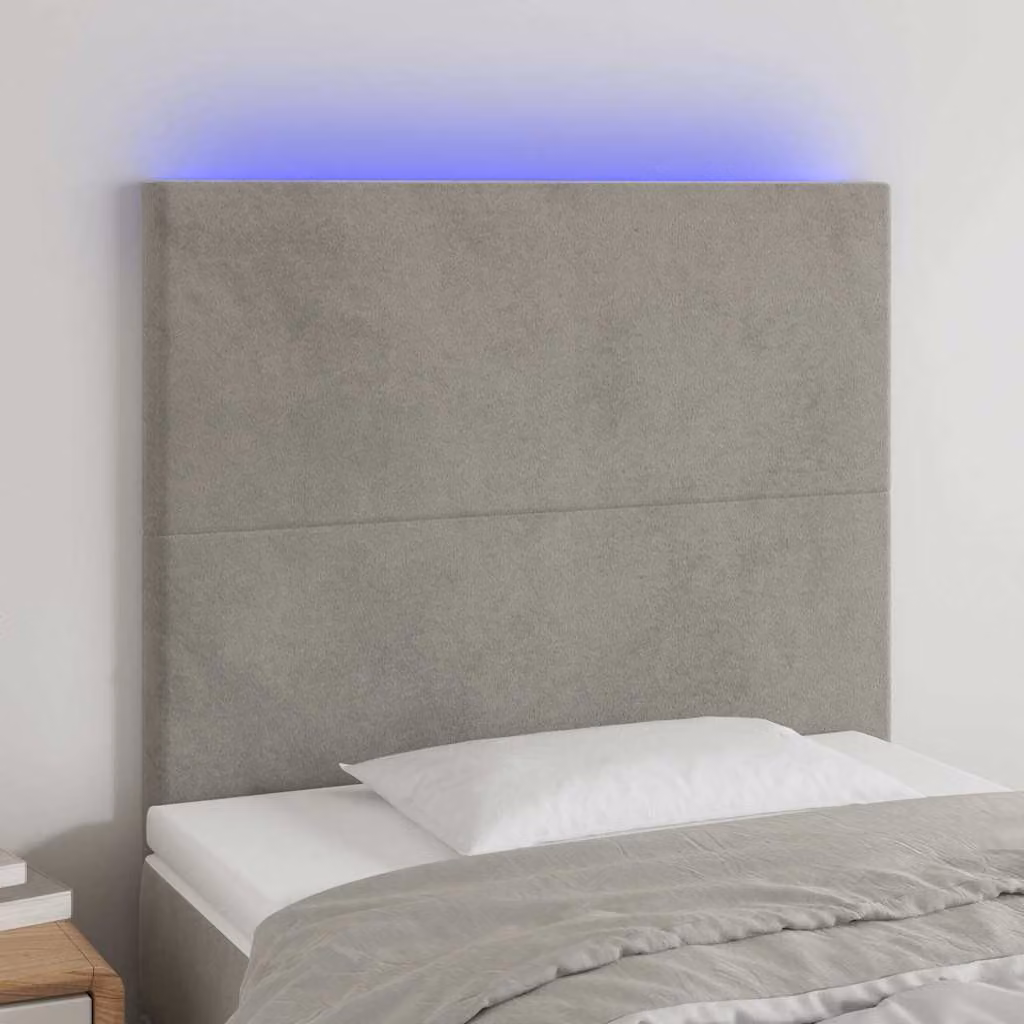 Testiera per letto vidaXL in velluto grigio con illuminazione LED e porta di ricarica USB, L 100 cm, H 118-128 cm, P 5 cm