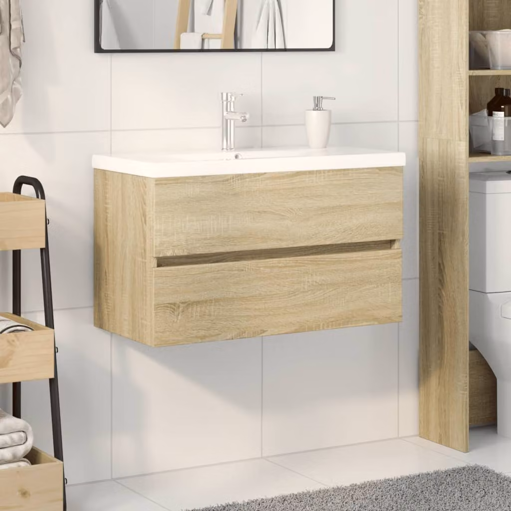 Set di mobili da bagno vidaXL in 2 pezzi in ceramica e legno multistrato bianco e beige, L/P/H: 80 x 45 x 38,5 cm