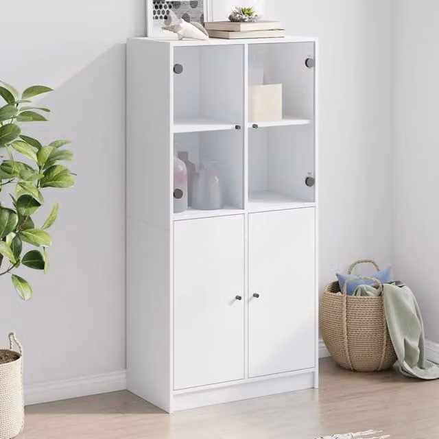 Credenza a parete vidaXL bianca con ante a battente in legno e MDF L: 68 cm, P: 37 cm, H: 142 cm – 1