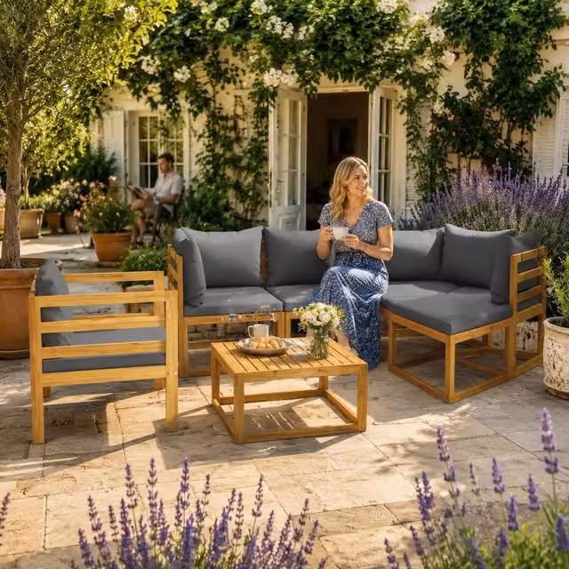 6-piece Garden Lounge Set With Cushions, Solid Acacia Wood