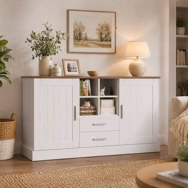 Madia moderna con ante, cassetti soft close e vani aperti in effetto legno, disponibile in bianco, marrone e argento, L: 140 cm, H: 79,5 cm, P: 40 cm