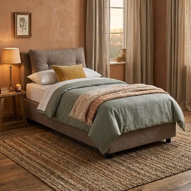 Letto singolo contenitore Amaro di Talamo Italia con rivestimento in tessuto beige, adatto per materasso 80x190 cm