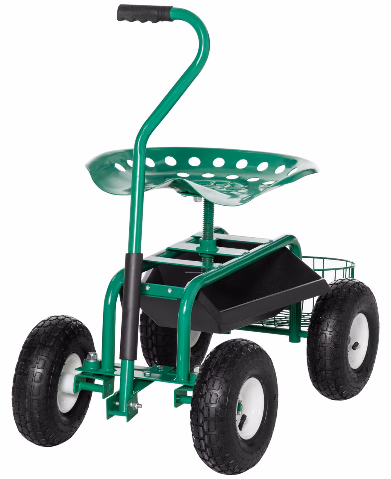 Carrello da giardino Outsunny con sedile ribaltabile fino a 150 kg e cestello per piccoli attrezzi da giardino