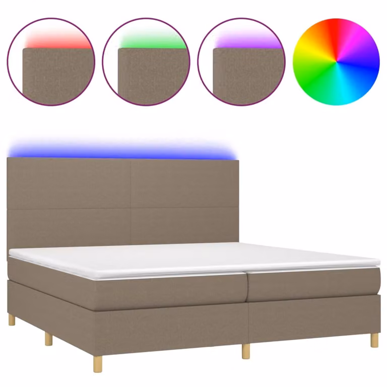 Letto a Molle Materasso e LED tortora 200x200cm in Tessuto