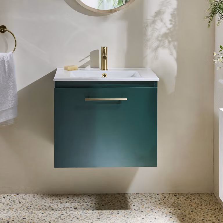 Mobile Bagno Verde Scuro Sospeso da 600mm con Lavabo e Maniglia con Barra a T in Oro Satinato - Cluo