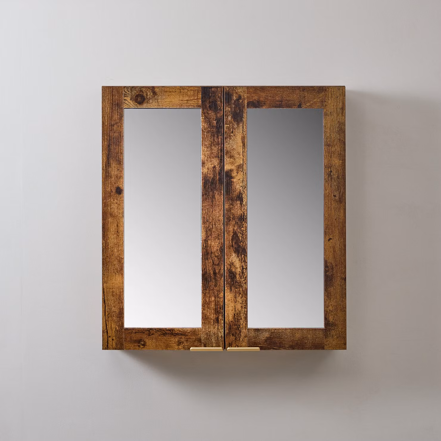 Mobiletto a Specchio da 900mm x 650mm Rovere Scuro - Completo di Maniglie con Impugnature a Dito in Oro Satinato - Cluo