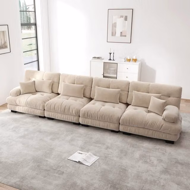 Divano angolare moderno OKWISH in velluto beige con cuscini inclusi per soggiorno o ufficio in casa