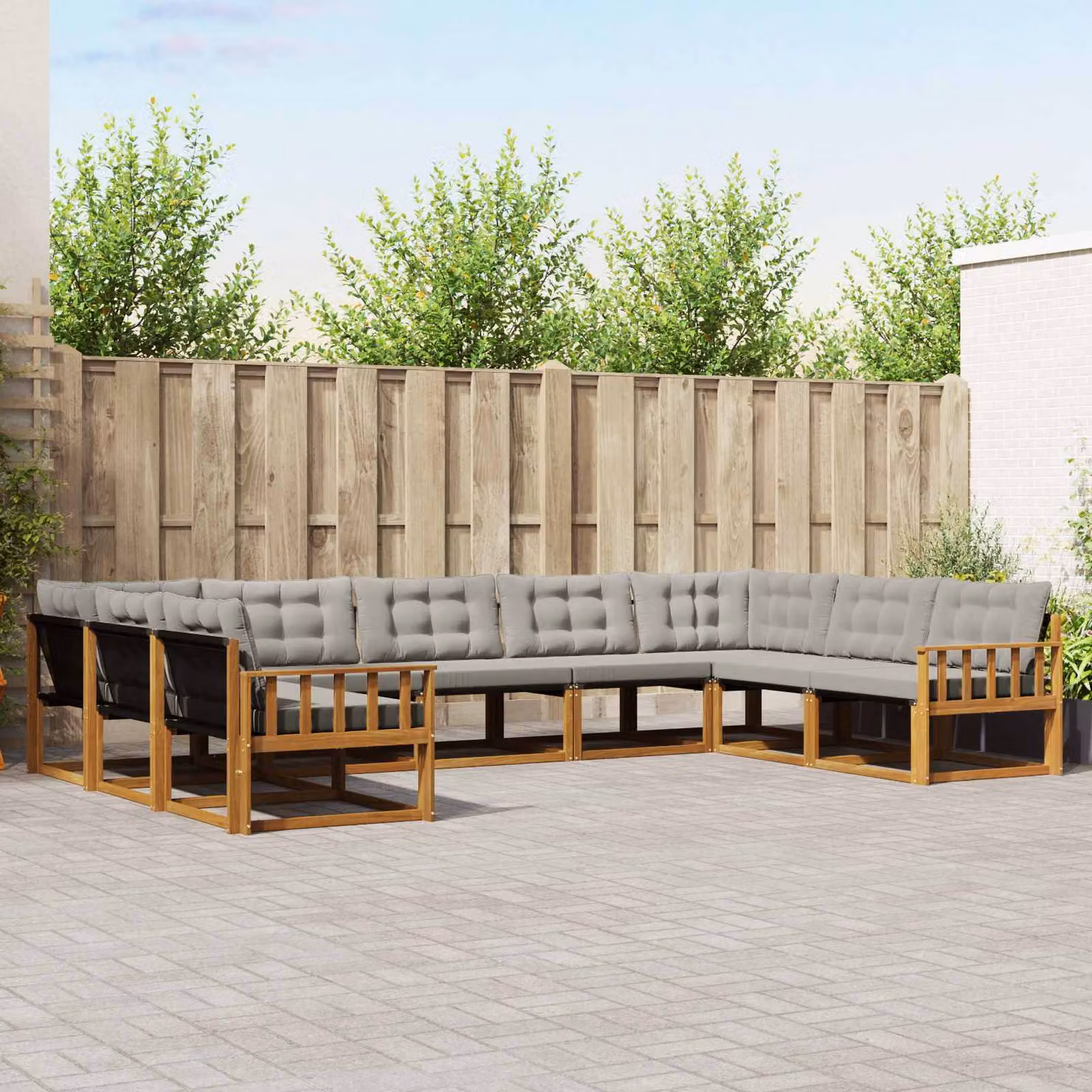 Set di divani da esterno vidaXL 9 pz in legno di acacia e textilene Grigio, composizione a L con cuscini inclusi per giardino e terrazza