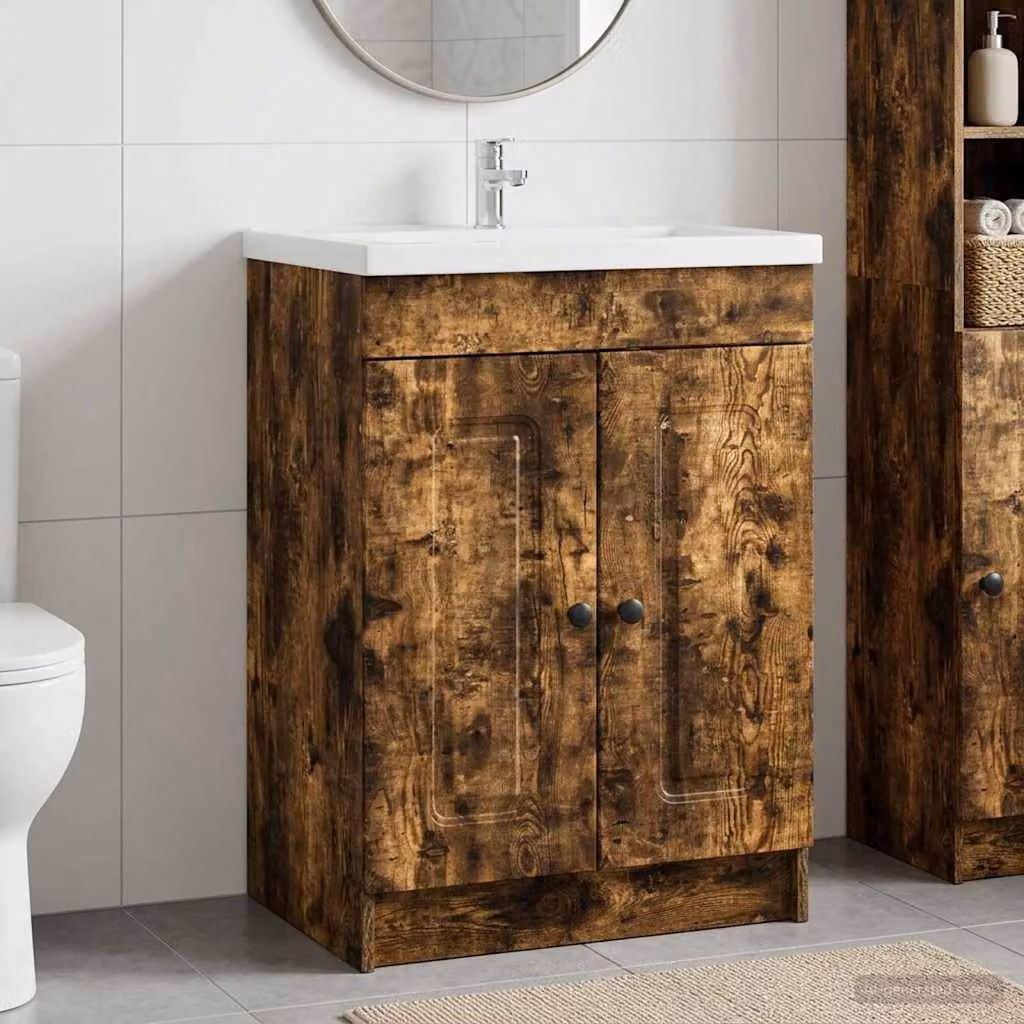 Mobiletto da bagno sotto il lavello vidaXL in Rovere Fumo con ante a battente e ripiani interni, L/P/H: 81.0 x 37.5 x 56.0 cm