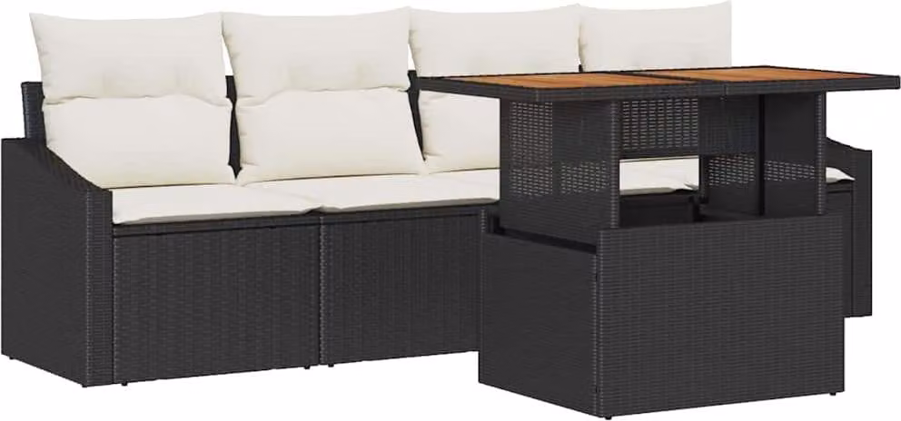 Set Divano da Giardino con cuscino 5 pcs Nero Poly Rattan