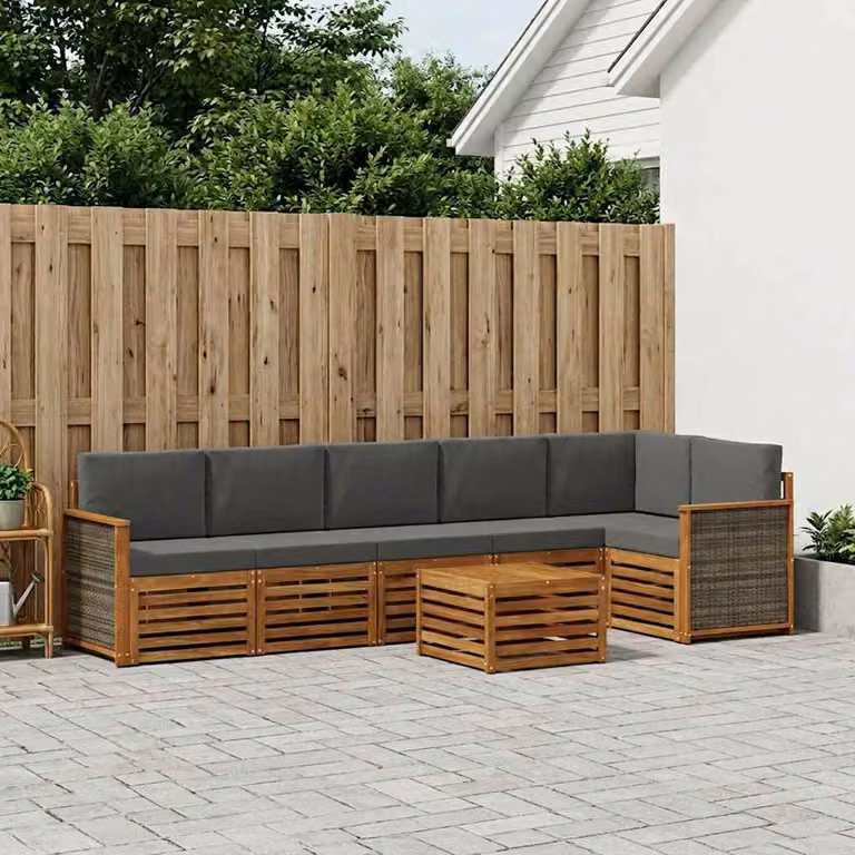 Set di divani da esterno vidaXL a forma di L in legno di acacia con tavolo da caffè e cuscini, Antracite e Marrone
