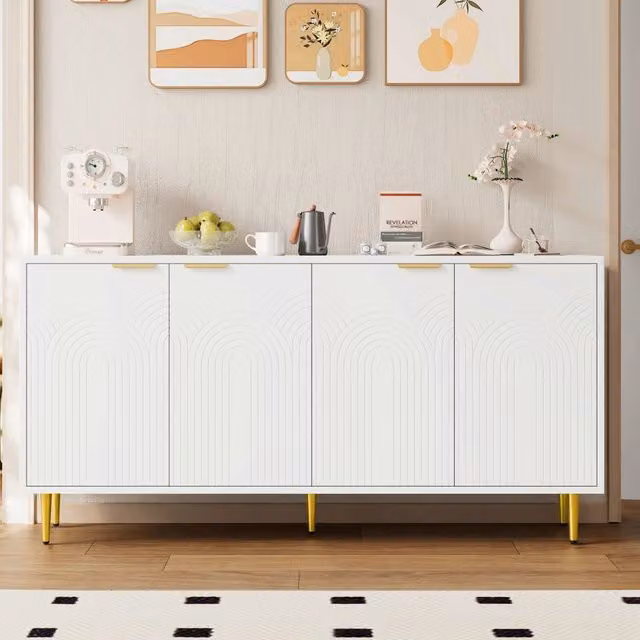Credenza moderna WISHDOR per soggiorno e camera da letto, finitura bianca lucida con dettagli oro, L: 160 cm, P: 42,5 cm, H: 80 cm