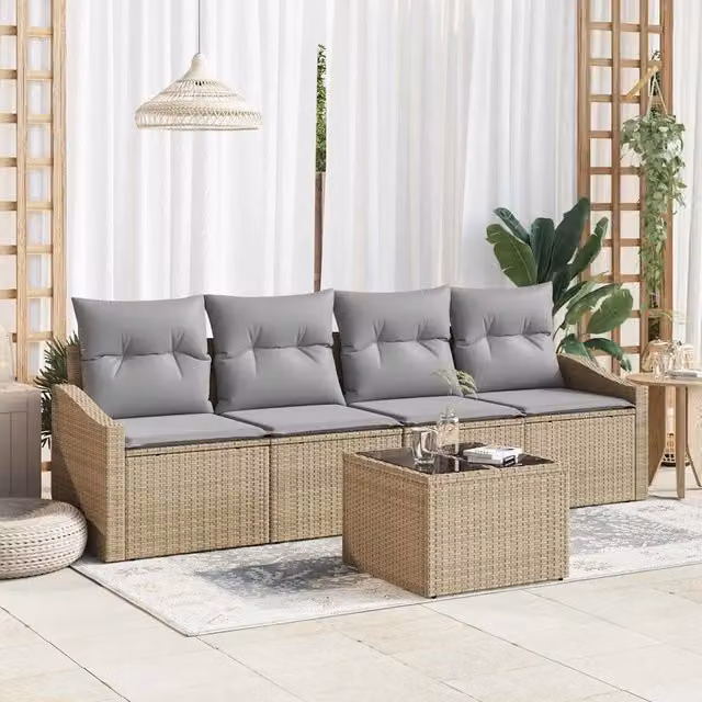 Set di divani 5 pz Beige e grigio polyrattan 3355259