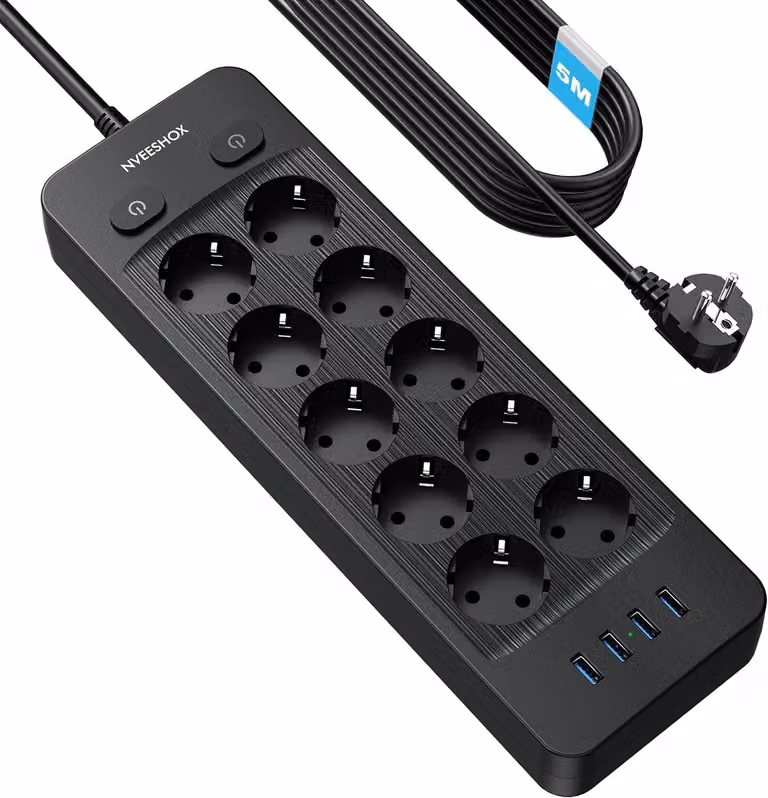 Ciabatta multipresa con 10 prese, 4 porte USB e protezione da sovratensione, cavo da 5 metri