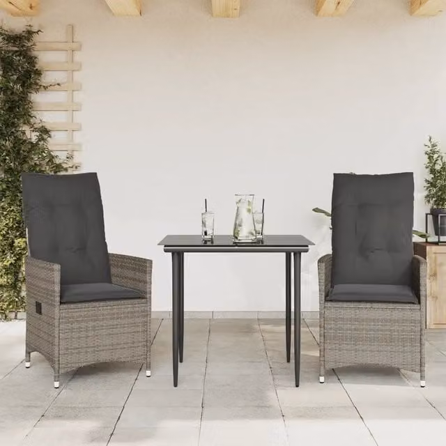 Set di 2 sedie da giardino reclinabili con cuscini vidaXL in polyrattan grigio