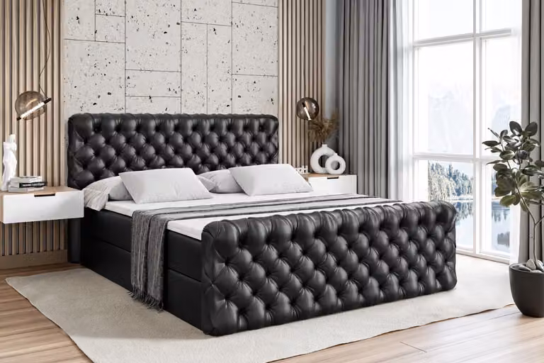 Letto boxspring ALTDECOR con pediera, materasso H3 e topper - 180x200 cm - BOXI8-Z - Pelle finta nera - Letto imbottito con contenitore e rete a doghe, letto con spazio contenitivo