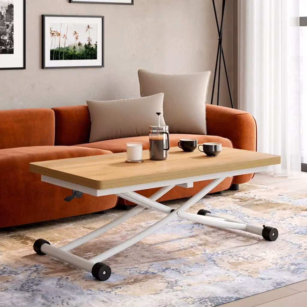 IDMarket Tavolino 2 in 1 URBANA trasformabile in tavolo da pranzo rettangolare con meccanismo sollevabile e ruote, Bianco e Marrone – 2