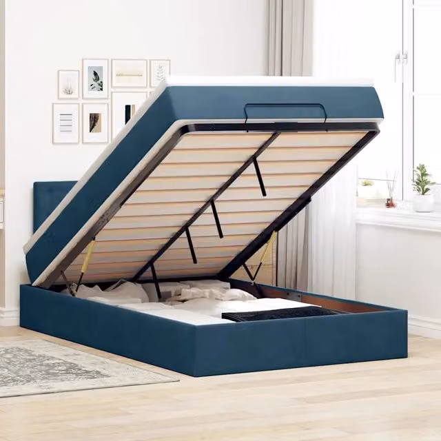 Letto con contenitore a sollevamento vidaXL in velluto blu scuro e bianco L/P: 120 x 200 cm