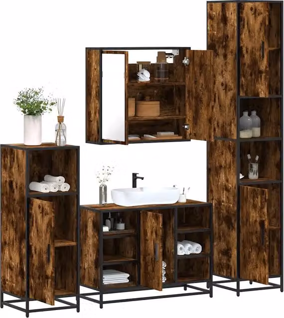 Set di mobili da bagno industrial vidaXL 4 pezzi in legno e metallo marrone con armadietto specchio, mobile lavabo, mobile laterale e colonna alta – 2