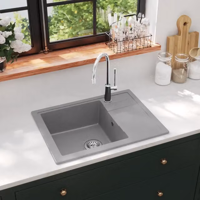 Lavello da cucina in granito grigio con foro troppopieno ovale vidaXL L: 58,0 cm, P: 44,0 cm, H: 16,4 cm – 1