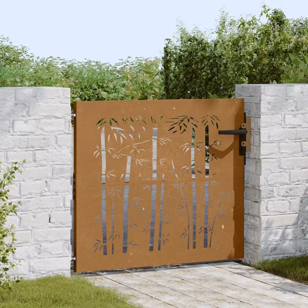 Cancello singolo da giardino in acciaio corten e bambù marrone CFW1192221 L: 85 cm, H: 100 cm – 2