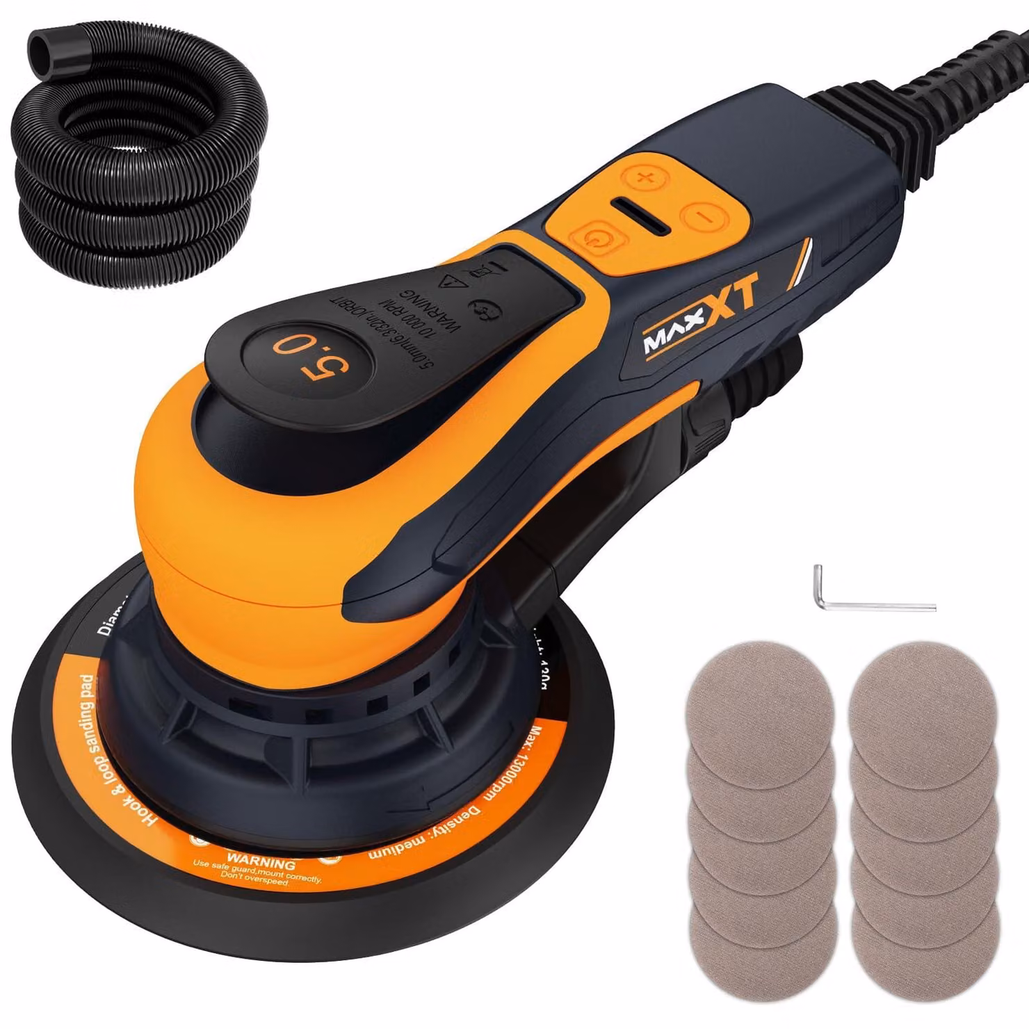 Levigatrice orbitale da 150 mm, 350 W, con escursione di 5,0 mm, 6 velocità, inclusa di 10 fogli abrasivi