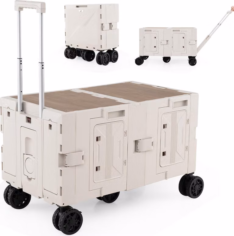 COSTWAY Carrello pieghevole da 150 litri, carrello da trasporto con piano d'appoggio, 2 contenitori, maniglia e portabicchieri, carrello da giardino fino a 60 kg, bianco