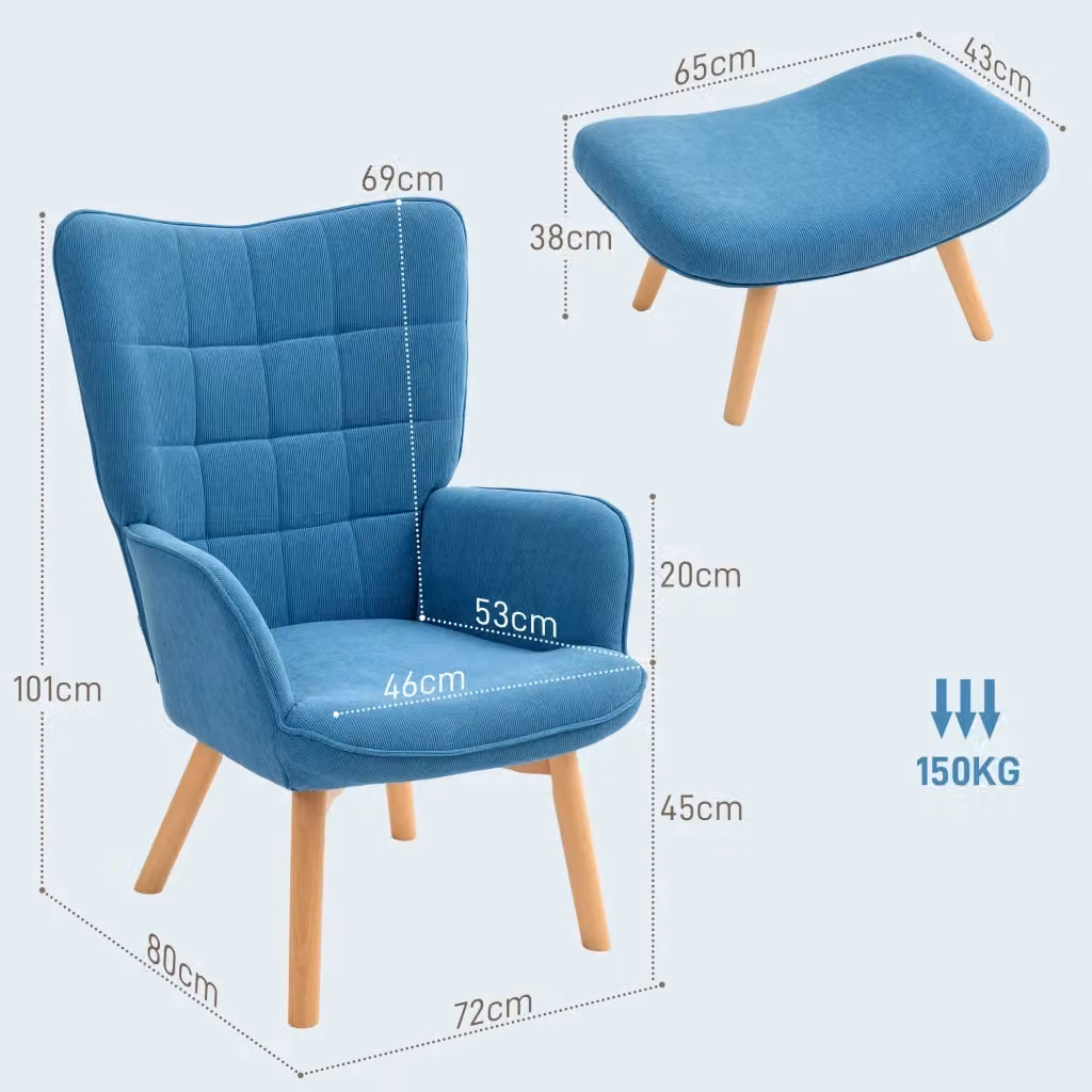 Poltrona lounge WISHDOR con poggiapiedi coordinato in velluto blu, struttura in metallo e legno di faggio, stile classico per soggiorno – 2