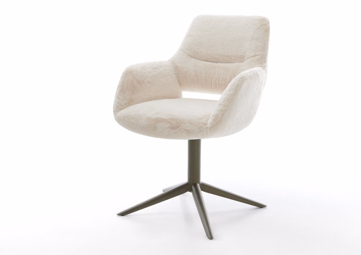 Sedia girevole DELIFE Yago-Flex con braccioli, rivestimento in peluche bianco crema, base a croce con finitura effetto titanio, rotazione a 360°, funzione oscillante, molle insacchettate