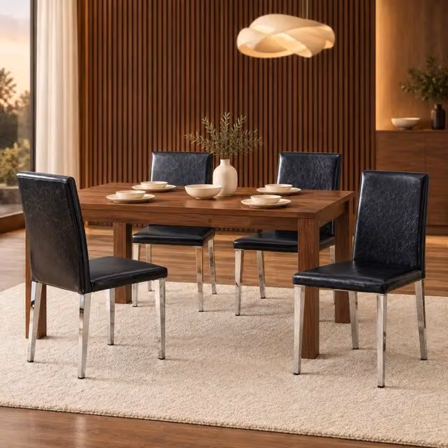 Set 4 sedie da pranzo ULEVR nere e argento in similpelle PU, schienale curvo e gambe in metallo