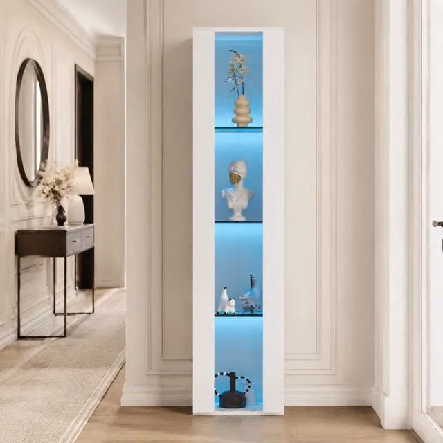 Vetrina Mivray per collezioni con ante in vetro e illuminazione LED multicolore, bianca, L/P/H: 40 x 29 x 170 cm