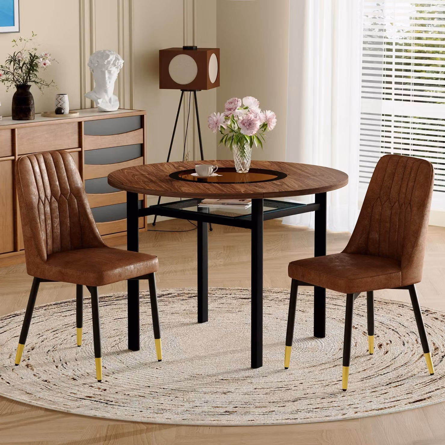 Set tavolo da pranzo STILVORA con 2 sedie in tessuto tecnico, tavolo rotondo con finitura effetto legno, set da pranzo con gambe in metallo nero, ideale per sala da pranzo e cucina, colore marrone