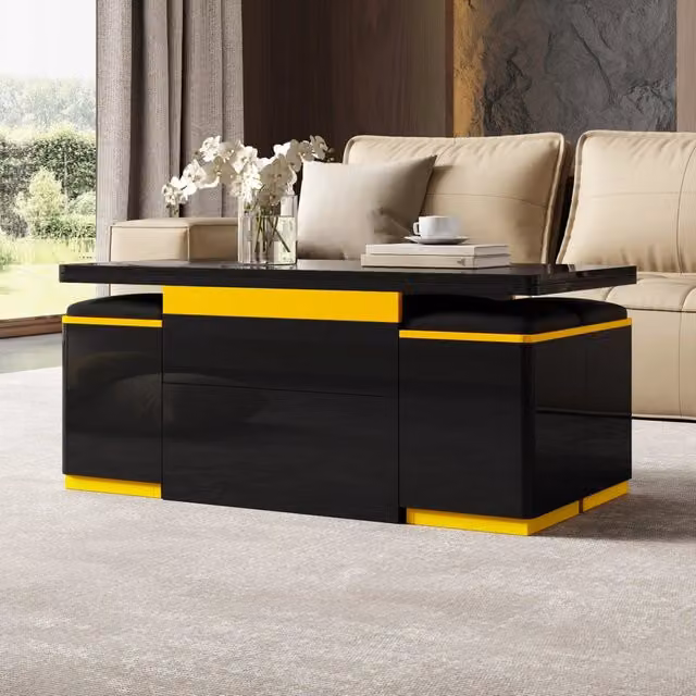 Tavolino da caffè 100x50x43 cm; sollevabile e pieghevole con contenitore; MDF e pannello truciolare nero