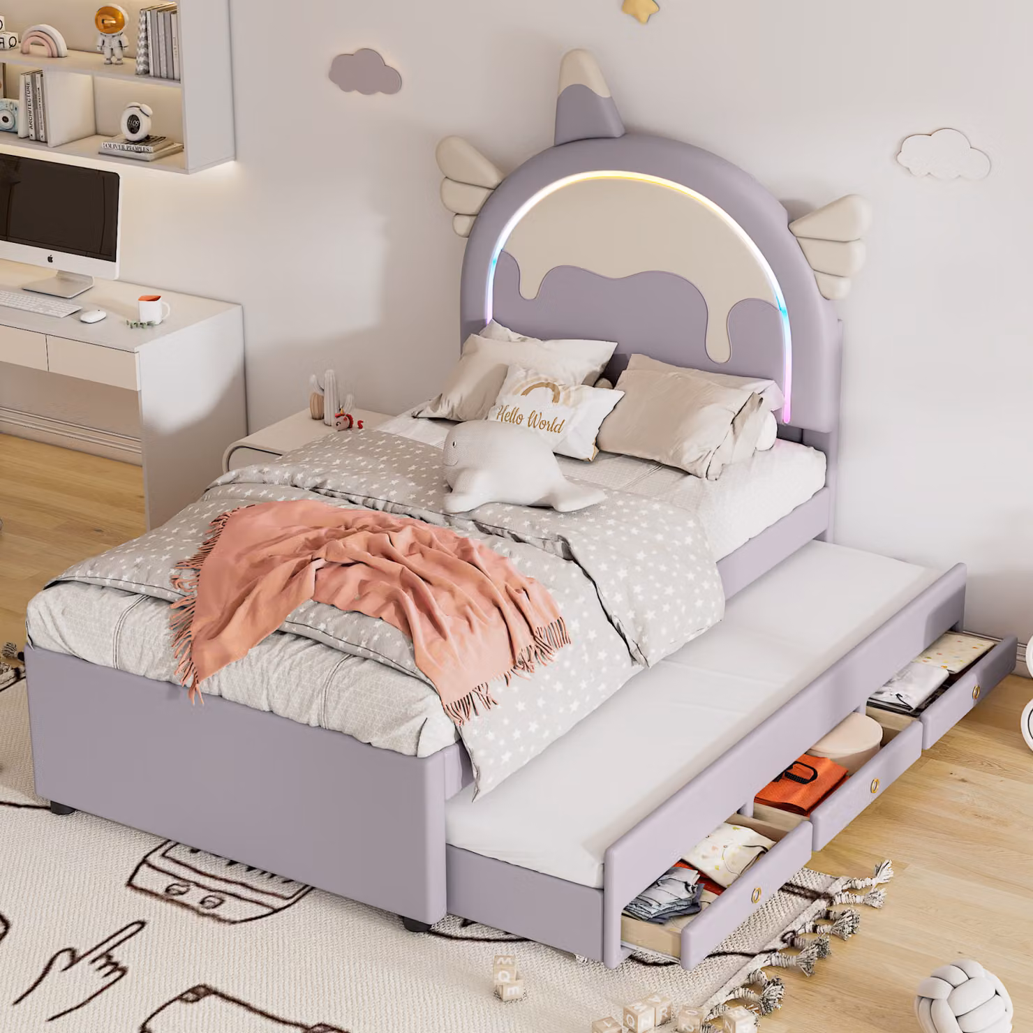 Letto imbottito Fortuna Lai 90x200cm con letto estraibile, letto per bambini con 3 cassetti, letto per ragazzi con rete a doghe, letto matrimoniale in legno con LED,Poliuretano- viola