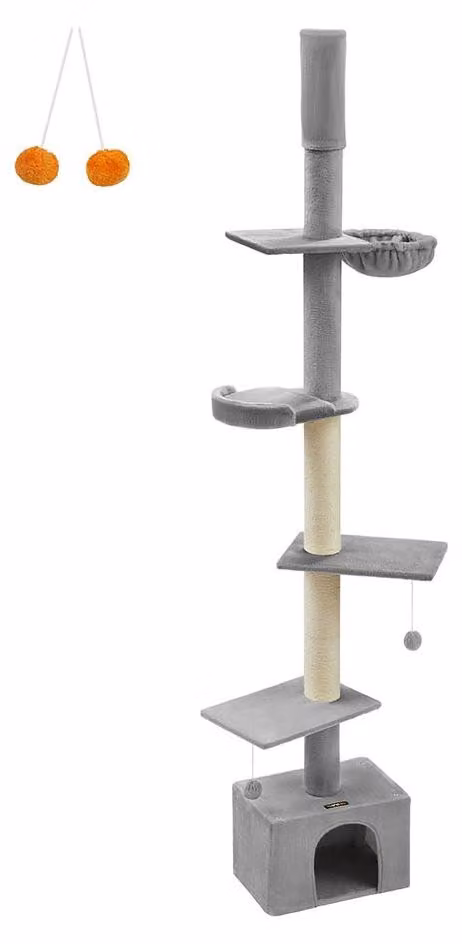 Albero per gatti, alto fino al soffitto, regolabile, color grigio chiaro - 45 x 30 x (231-291) cm