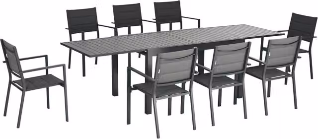 Tavolo da pranzo esterno allungabile Minimal grigio con 8 sedie in alluminio verniciato a polvere L: 270 cm, P: 135 cm, H: 75 cm