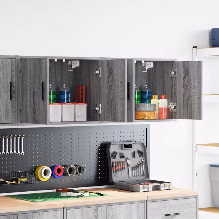 Set di 2 pensili da garage vidaXL in legno e MDF grigio con ante a battente e montaggio a parete