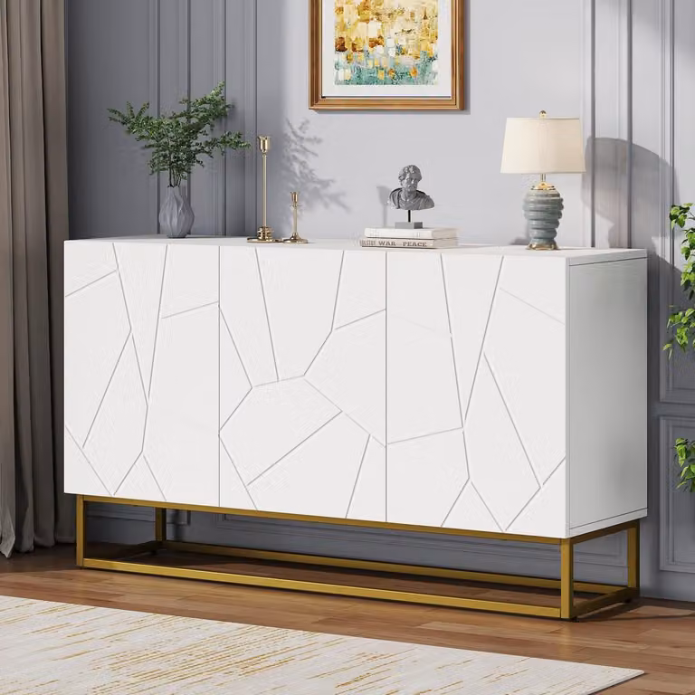 Mobile bar con finitura lucida, 4 scomparti, dimensioni 130 x 38 x 76 cm, colore bianco, realizzato in pannello di particelle di legno