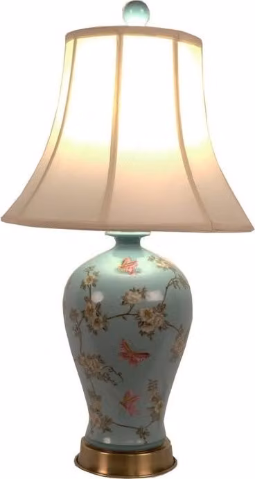 Raffinata lampada da tavolo cinese Asianliving in porcellana con paralume dipinto a mano color turchese W40xD40xH76cm
