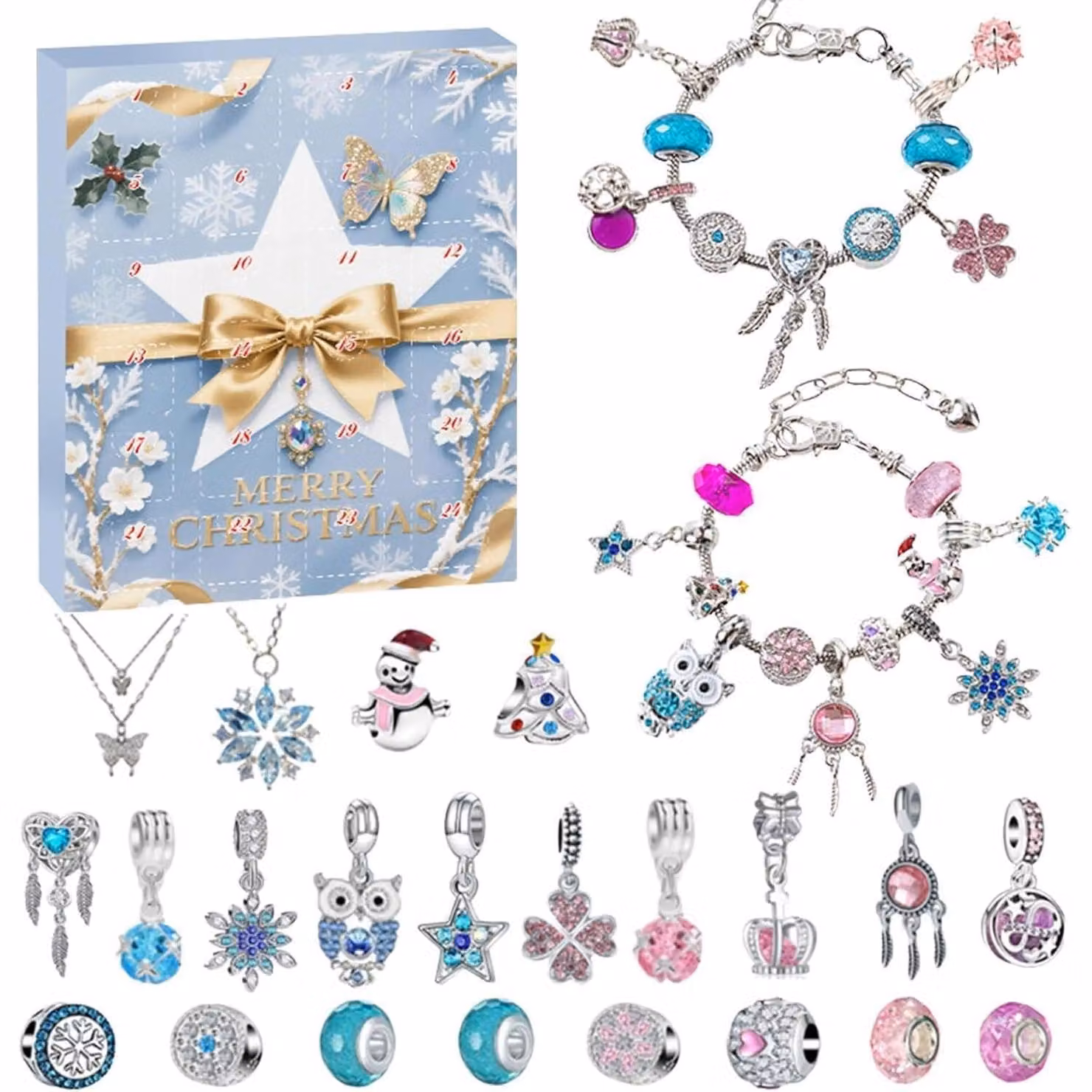 Calendario dell'Avvento 2025 per bambine, gioielli, collana, 24 articoli, colore blu