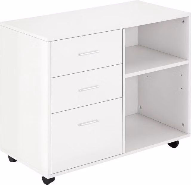 Mobile Porta Stampante con 3 Cassetti in Legno, Mobile Ufficio Multiuso con 4 Ruote e Ripiani Aperti, 80x40x65cm, Bianco