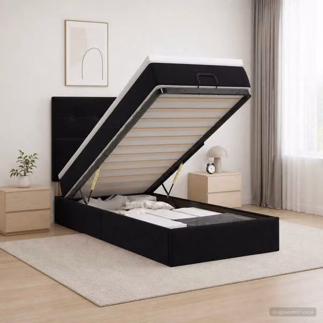 Letto ottomano moderno vidaXL in velluto con base a sollevamento e materasso, L/P/H: 203 x 100 x 140 cm, Nero e Bianco