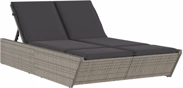 Lettino Prendisole | Sdraio da giardino | Lettino da sole Doppio con Cuscini Grigio in Polyrattan