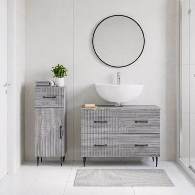 Set di mobili da bagno moderno vidaXL composto da mobile lavabo e mobile contenitore in legno grigio opaco