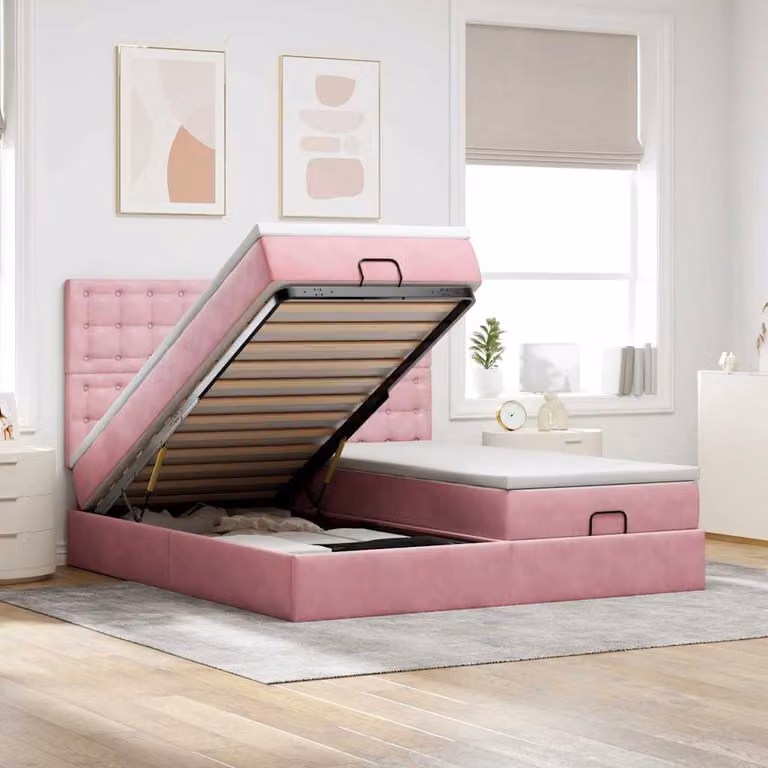 Letto con contenitore e pouf vidaXL in velluto rosa e bianco, con base a sollevamento, illuminazione sottostante e porta di ricarica USB, L/P/H: 203 x 160 x 128 cm