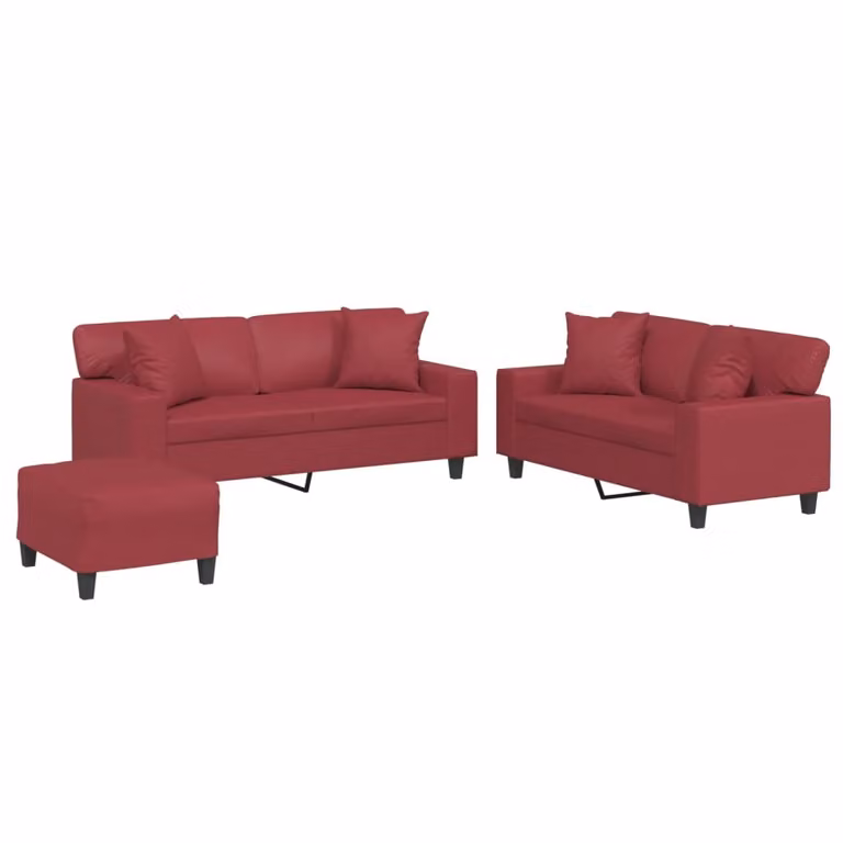 Set di Divani 3 pz con Cuscini Rosso Vino in Pelle finta