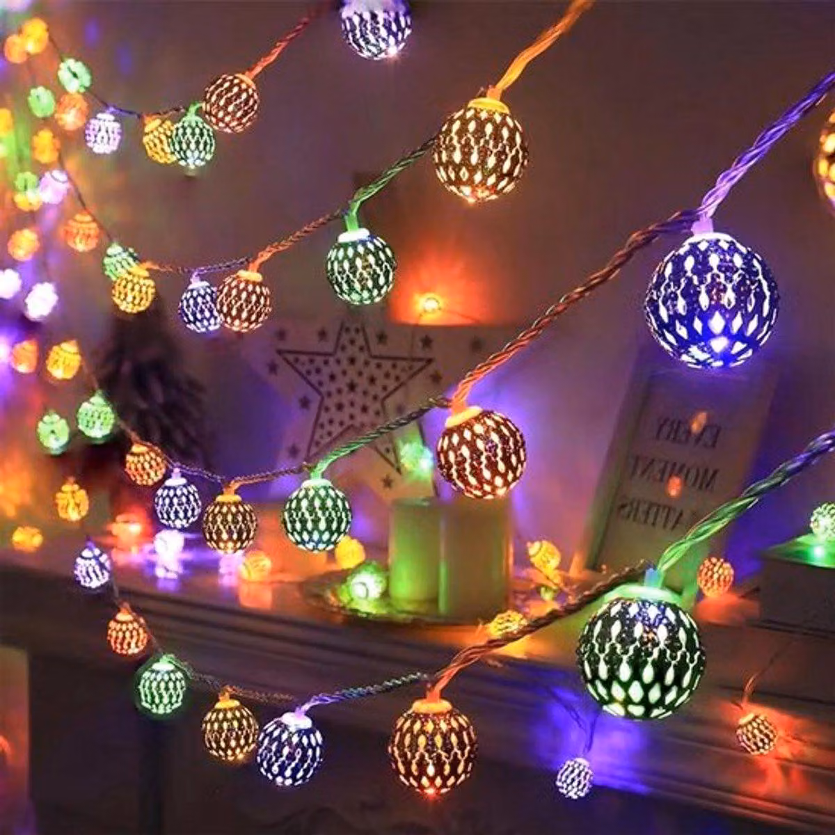 Illuminazione d'atmosfera a LED in stile marocchino, lunghezza 3 metri, 20 LED, sfere in metallo, alimentazione a batteria, decorazione per interni ed esterni, ideale per matrimoni, Natale