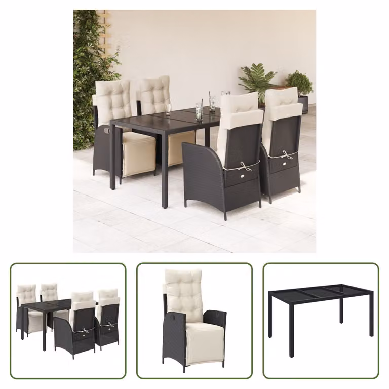 The Living Store Set da pranzo da giardino 5 pezzi con cuscini in poly rattan nero